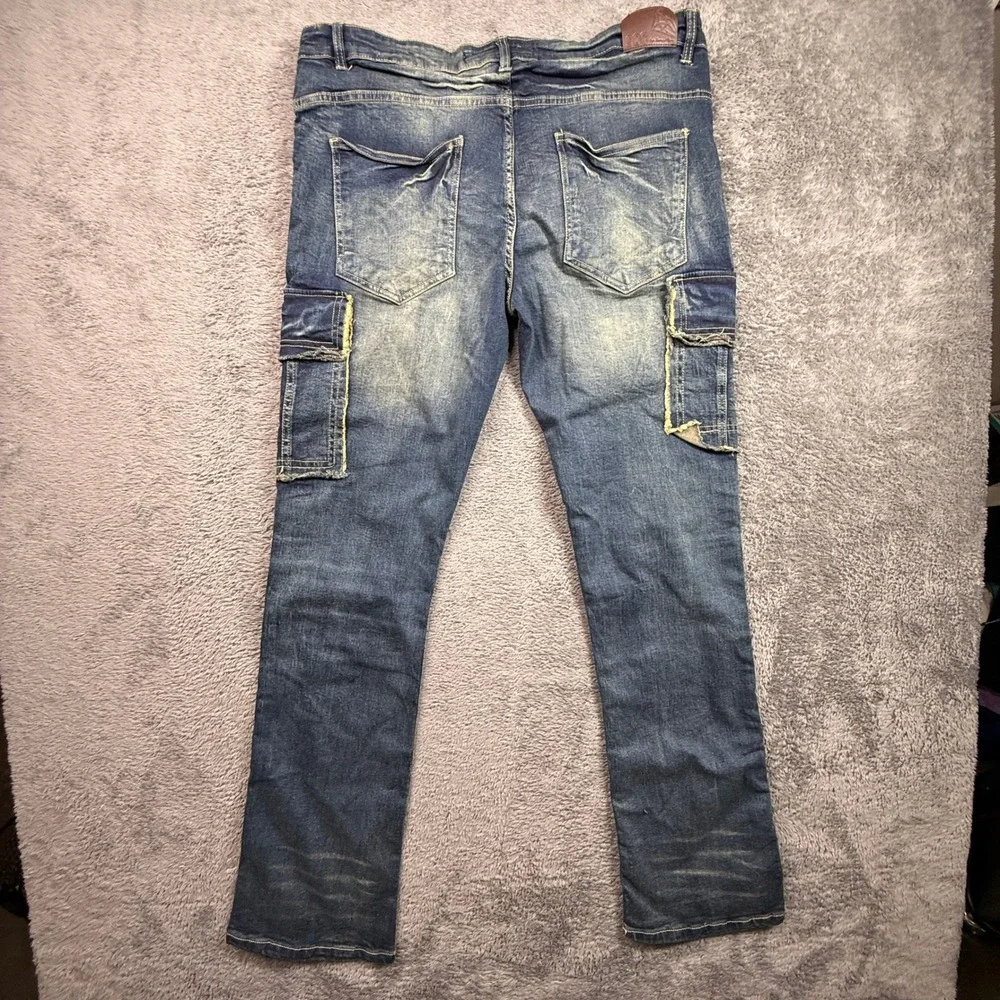 SOC State of Crew Cargo Jeans Mens 38 Blue NWOT Skinny Stretch Distressed Denim